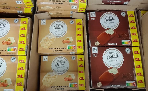 Boxes of Ice cream in a freezer