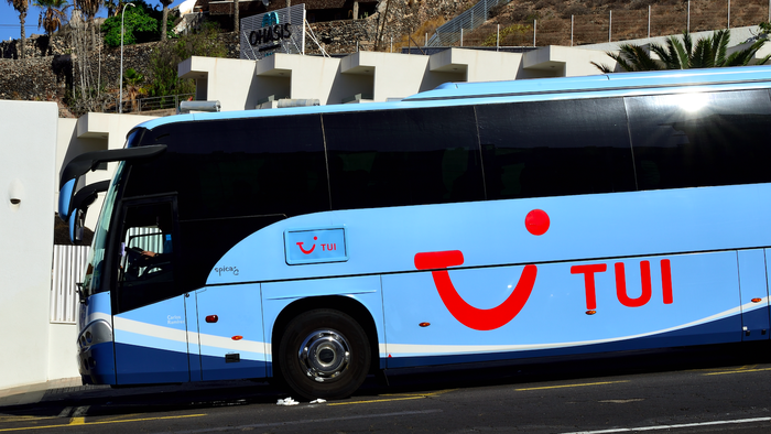 A tourist bus parked on a hill