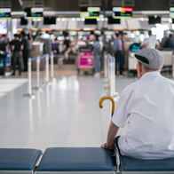 Elder man sitting in front of a check in area of an airport waiting for his family