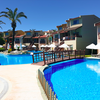 Architecture of tourist houses around the pool.