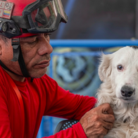 A man in rescue uniform and his K9 working dog