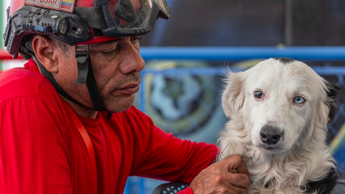 A man in rescue uniform and his K9 working dog