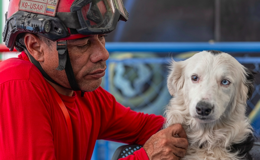 A man in rescue uniform and his K9 working dog