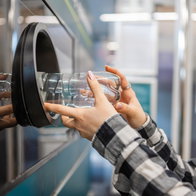 Customer inserts an empty plastic bottle into a recycling return machine as part of a deposit return scheme for beverage containers.