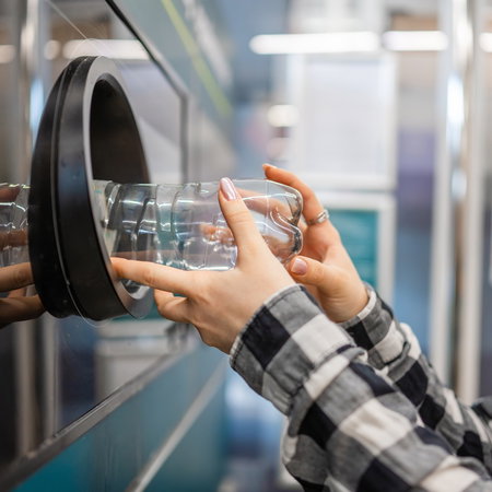 Customer inserts an empty plastic bottle into a recycling return machine as part of a deposit return scheme for beverage containers.