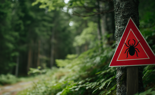 Tick warning sign in woodland area.