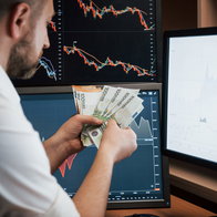 Bearded man holding man in front of a computer screen