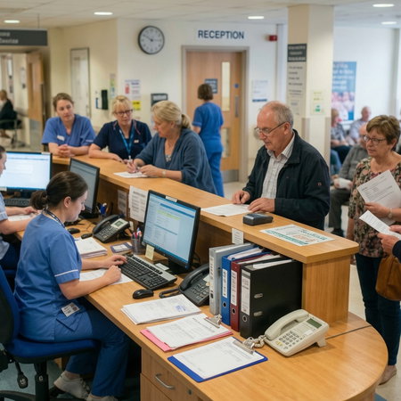 a bustling hospital reception, staff assisting diverse patients with care