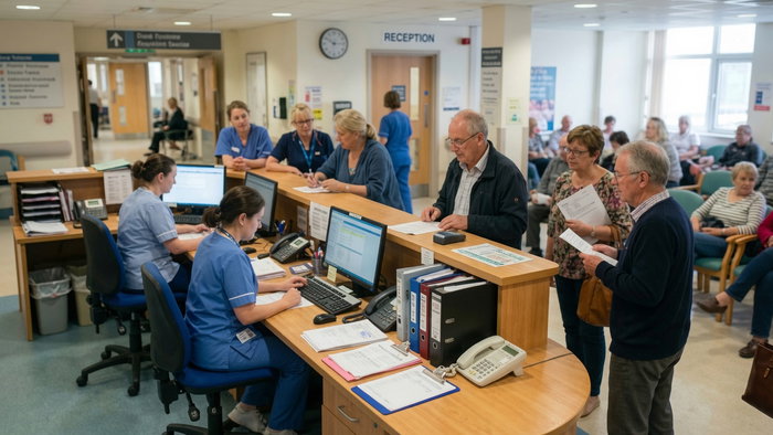 a bustling hospital reception, staff assisting diverse patients with care