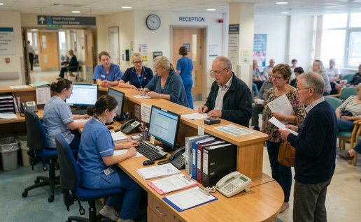a bustling hospital reception, staff assisting diverse patients with care
