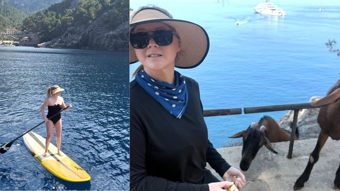 Amy Schumer enjoys a spot of paddleboarding and interacts with the famous wild goats