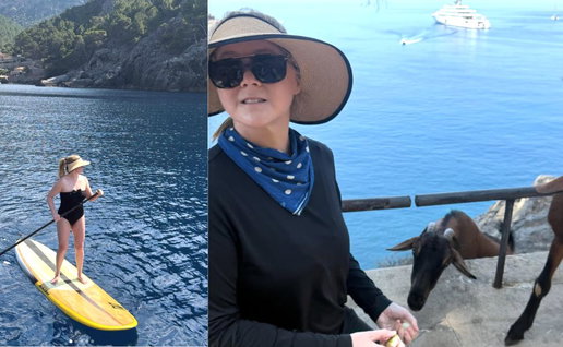 Amy Schumer enjoys a spot of paddleboarding and interacts with the famous wild goats