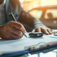 Customer signing paperwork to purchase a new car at a dealership, with car keys placed on the contract.