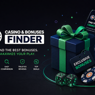 Casino Bonuses Finder promotional graphic showing a gift box, casino chips, dice and mobile phone highlighting online casino bonus comparison and wagering offers.