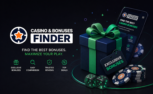 Casino Bonuses Finder promotional graphic showing a gift box, casino chips, dice and mobile phone highlighting online casino bonus comparison and wagering offers.