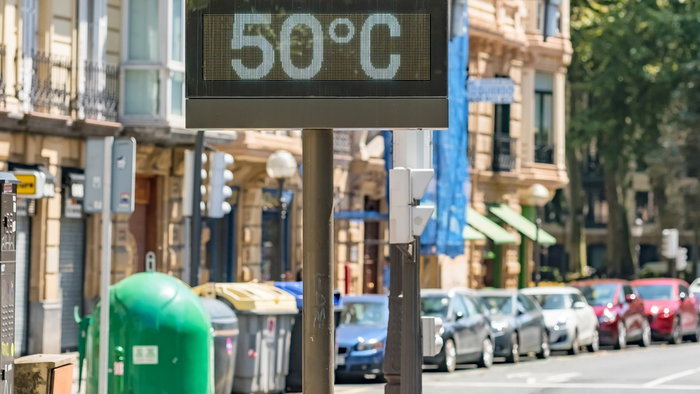 A street display in Spain showing a temperature of 50°C during an extreme heatwave.