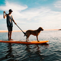 A man and a dog on a paddleboard.