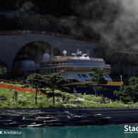 Ship emerges from the mountains.