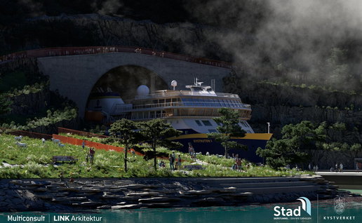 Ship emerges from the mountains.