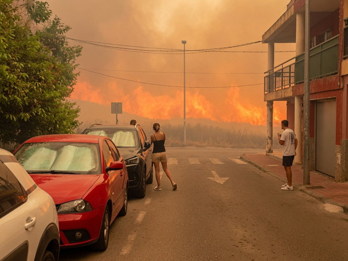 Cars parked on a sidewalk and onlookers watch flames approach a village