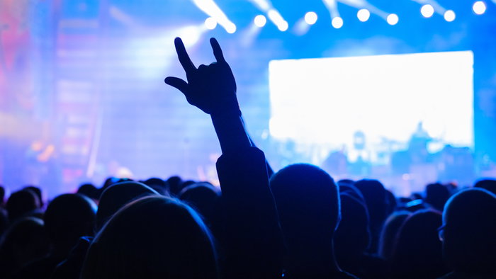 Fans at live rock music concert cheering musicians on stage, back view