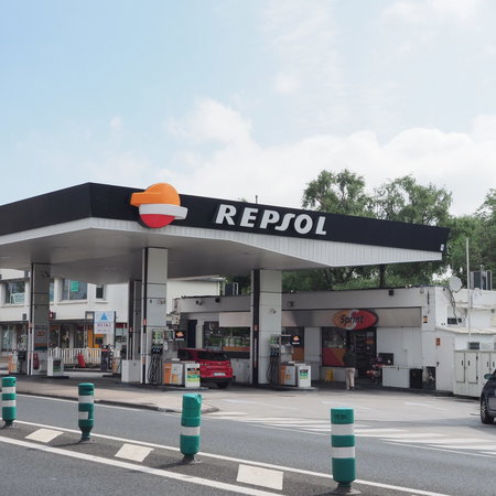 A Repsol petrol station by the side of the road in Spain