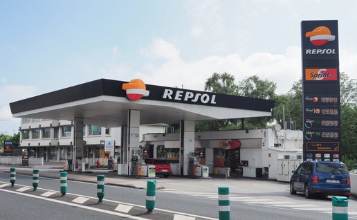 A Repsol petrol station by the side of the road in Spain