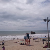 Warm enough for the beach, with some cloud cover.
