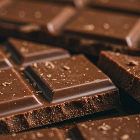 Close-up of a rich, tempting milk chocolate bar broken into delicious squares and sprinkled with delicate shavings, showcasing its irresistible texture and decadent appeal.
