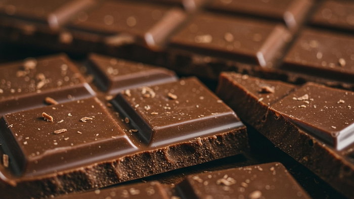 Close-up of a rich, tempting milk chocolate bar broken into delicious squares and sprinkled with delicate shavings, showcasing its irresistible texture and decadent appeal.