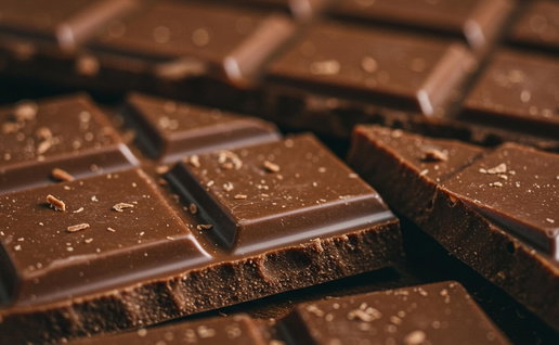 Close-up of a rich, tempting milk chocolate bar broken into delicious squares and sprinkled with delicate shavings, showcasing its irresistible texture and decadent appeal.