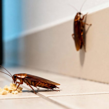 Two cockroaches on a kitchen floor