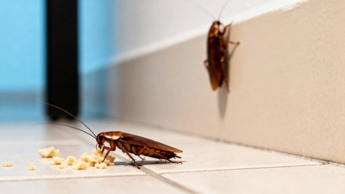 Two cockroaches on a kitchen floor