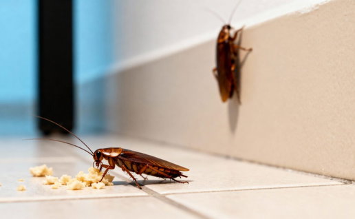 Two cockroaches on a kitchen floor