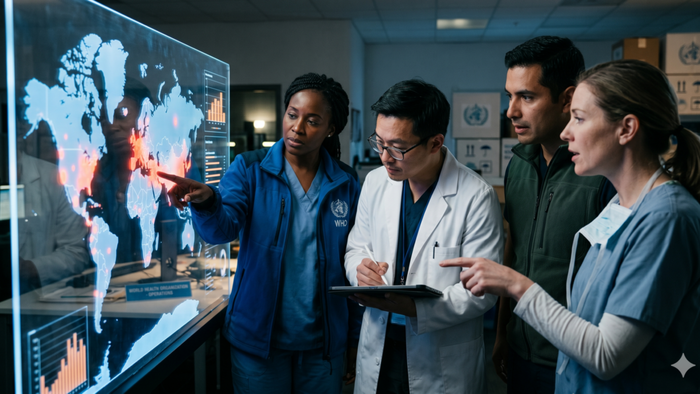 Diverse team of WHO healthcare professionals and scientists analyzing a global disease outbreak map on a digital screen.