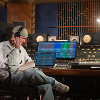 Music producer wearing headphones in a studio.