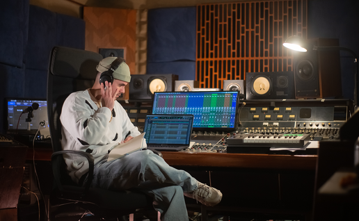 Music producer wearing headphones in a studio.