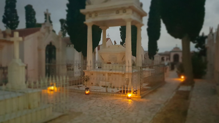 San Miguel cemetery in Cuevas del Almanzora at night under candlelight.