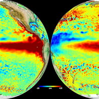 Side by side satellite maps compare Pacific Ocean conditions during the strong El Niño events of 1997 and 2015.