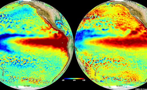 Side by side satellite maps compare Pacific Ocean conditions during the strong El Niño events of 1997 and 2015.