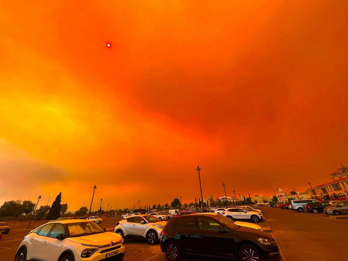 An Orange sky caused by flames from a forest fire approaching a car park filled with cars