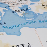 Map of the Mediterranean Sea showing the countries surrounding the region where scientists discovered invisible heat plumes rising from the seabed.