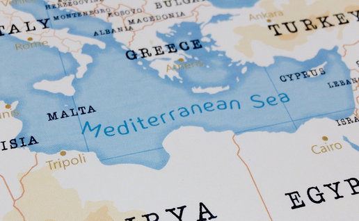 Map of the Mediterranean Sea showing the countries surrounding the region where scientists discovered invisible heat plumes rising from the seabed.