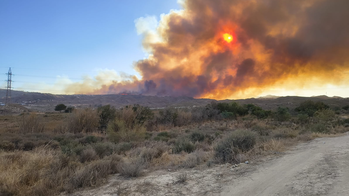 Thick orange and grey smoke rises above dry scrubland, with the sun glowing red through the smoke.