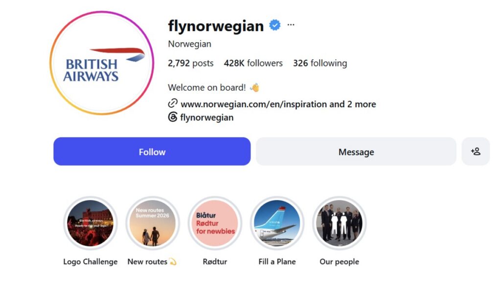 Norweigan Air BA instagram
