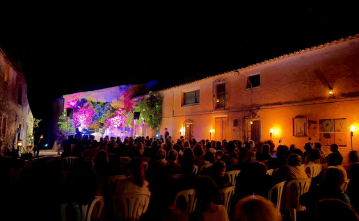 A seated crowd watching an outdoor night-time concert between traditional buildings in Oria.