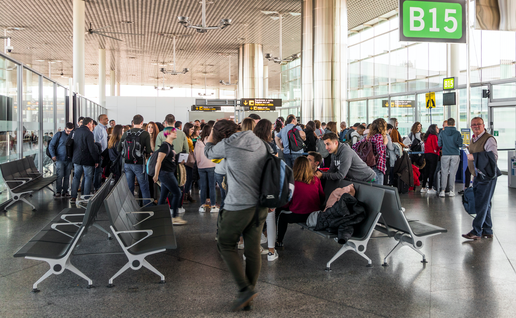 Busy airport gate at the Santiago International Airport