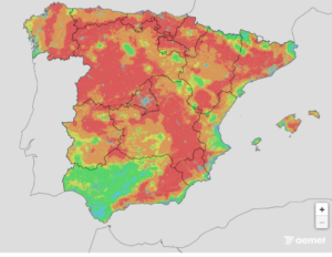 A map of Spain highlighting the wildfire rist