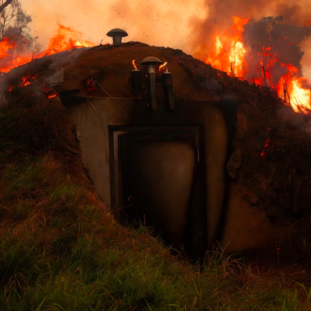 Bushfire bunker dug into a hill and surrounded by flames