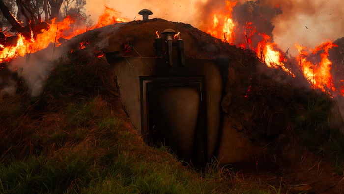 Bushfire bunker dug into a hill and surrounded by flames